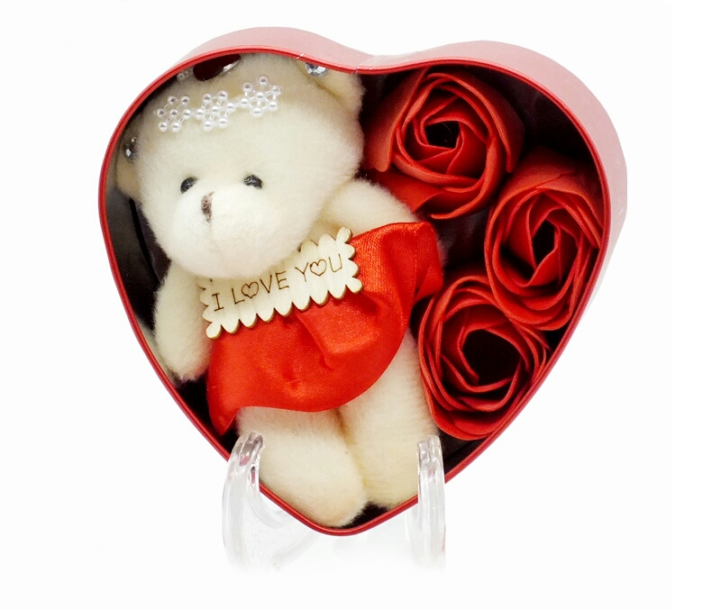 خرید پستی  جعبه فلزی قلبی به همراه گل و خرس