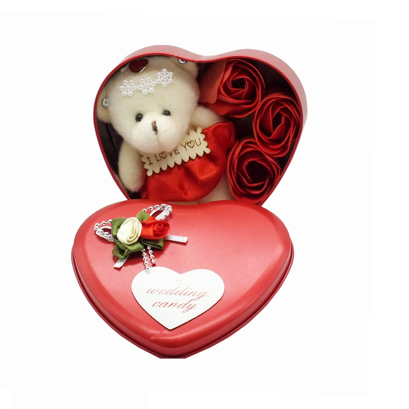 جعبه فلزی قلبی 3 گل رز و خرس ویژه کادو ولنتاین